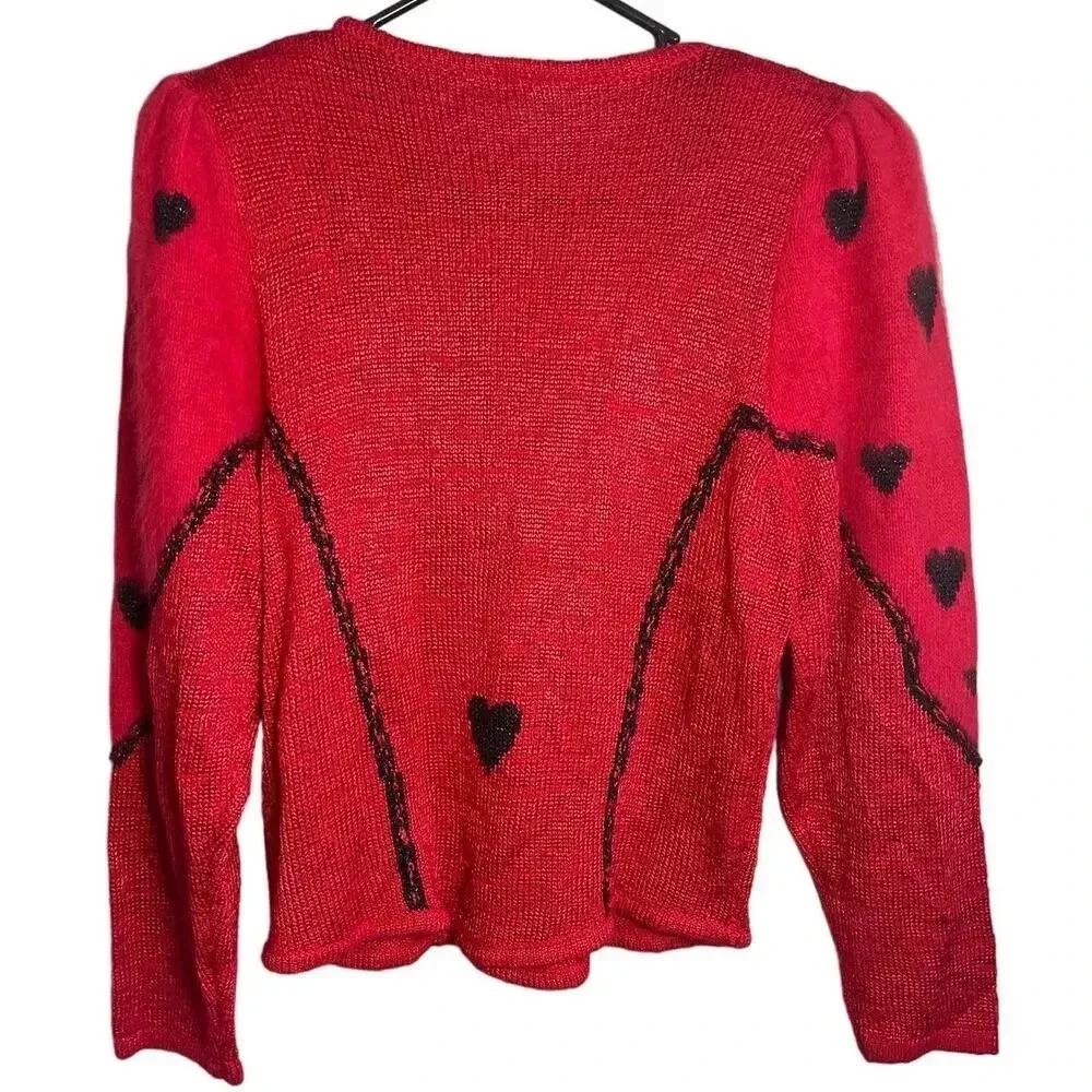 Red Black Heart Pattern Soft Pullover Shoulder Pad Sweater Women's Size 44